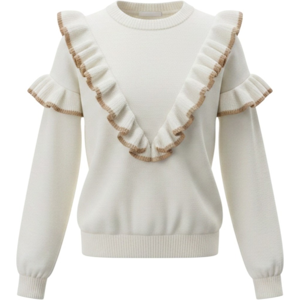 Fate Ruffle V-Neck Sweater Cream Tan Long‎ Sleeve Pullover Womens Small coquette